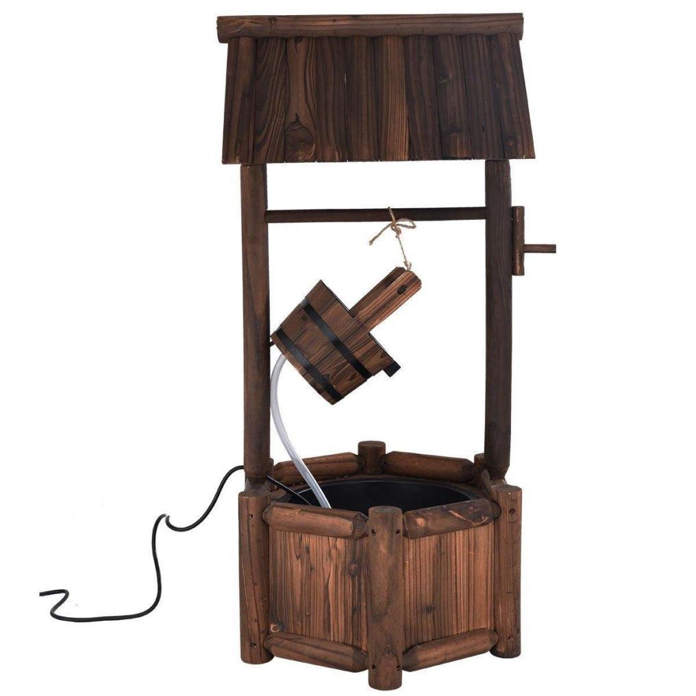 Rustic Wishing Well Water Fountain, Wooden Outdoor Waterfall Fountain, Electric Pump, Water Bucket, Freestanding Decorative Wishing Well Water Feature