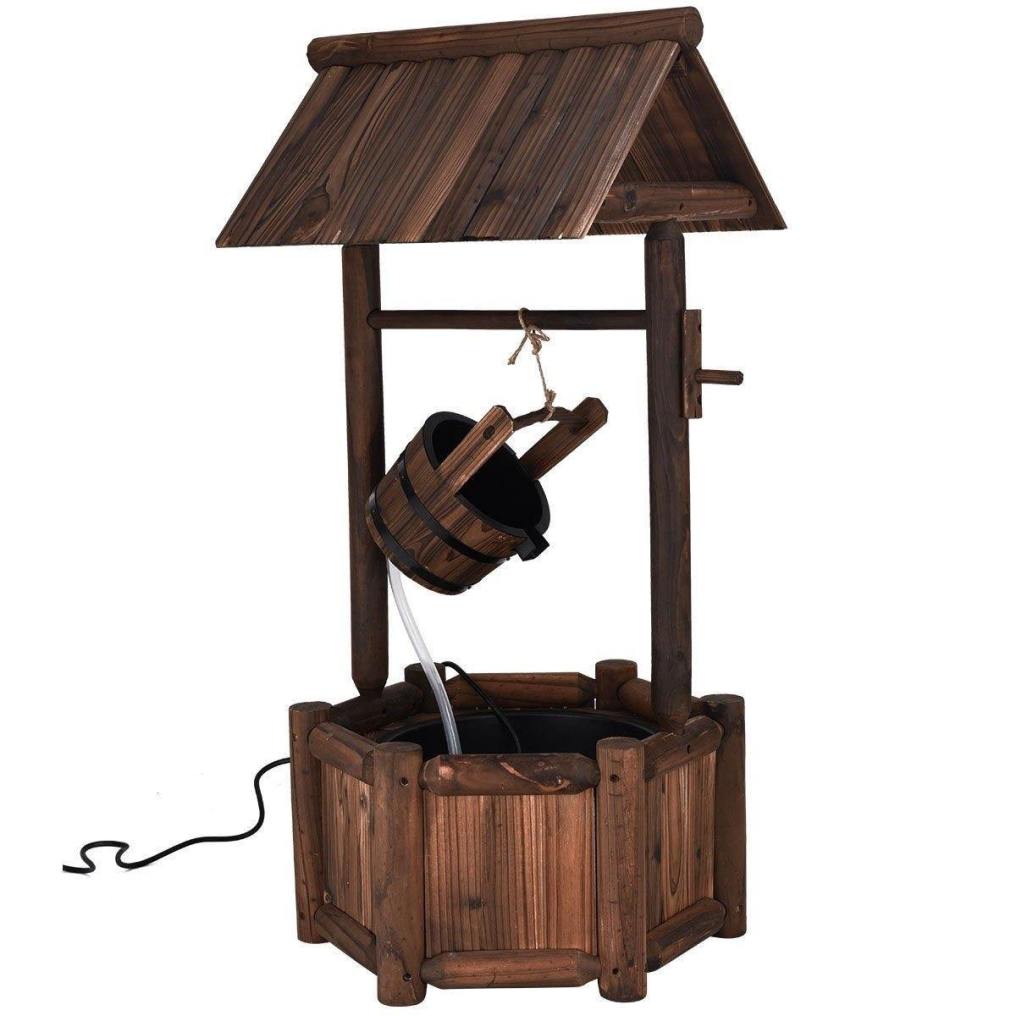 Rustic Wishing Well Water Fountain, Wooden Outdoor Waterfall Fountain, Electric Pump, Water Bucket, Freestanding Decorative Wishing Well Water Feature