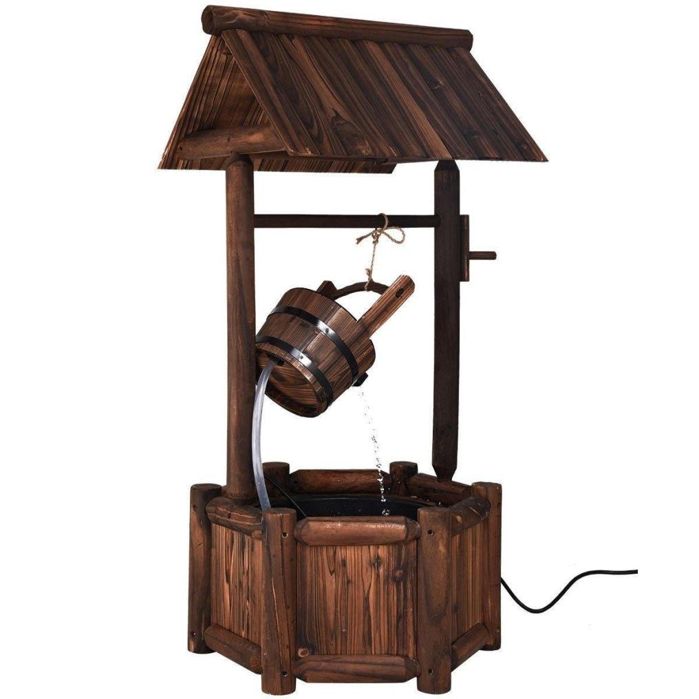 Rustic Wishing Well Water Fountain, Wooden Outdoor Waterfall Fountain, Electric Pump, Water Bucket, Freestanding Decorative Wishing Well Water Feature