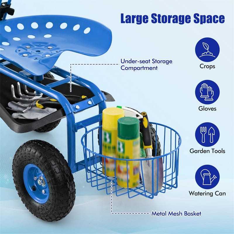 Heavy Duty Rolling Garden Cart with 360° Swivel Seat, Extendable Handle, Tool Tray & Storage Basket, 4-Wheel Gardening Workseat for Patio Yard