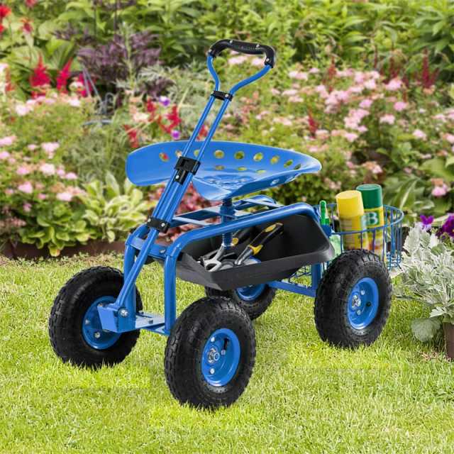 Heavy Duty Rolling Garden Cart with 360° Swivel Seat, Extendable Handle, Tool Tray & Storage Basket, 4-Wheel Gardening Workseat for Patio Yard
