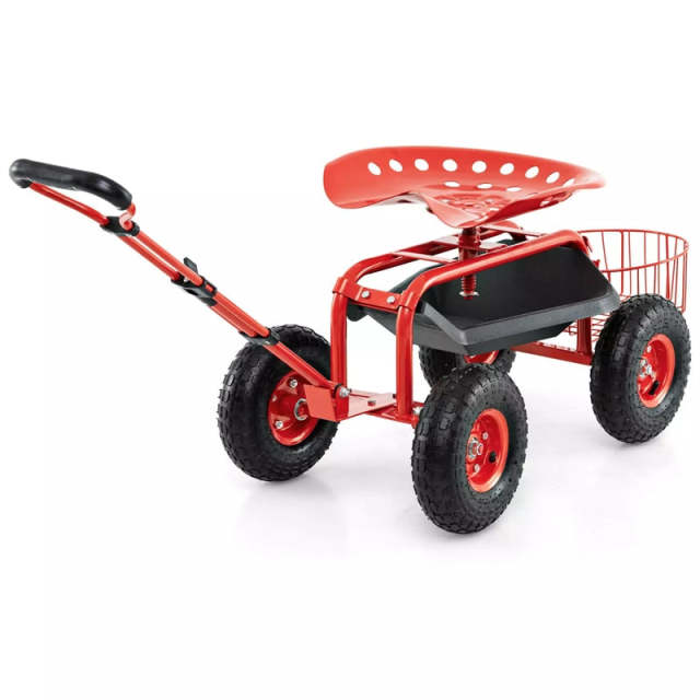 Heavy Duty Rolling Garden Cart with 360° Swivel Seat, Extendable Handle, Tool Tray & Storage Basket, 4-Wheel Gardening Workseat for Patio Yard