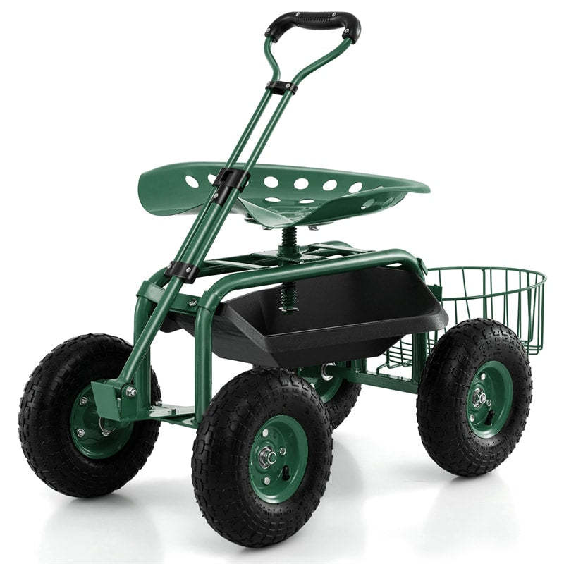 Heavy Duty Rolling Garden Cart with 360° Swivel Seat, Extendable Handle, Tool Tray & Storage Basket, 4-Wheel Gardening Workseat for Patio Yard