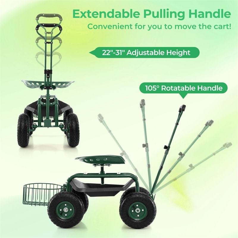 Heavy Duty Rolling Garden Cart with 360° Swivel Seat, Extendable Handle, Tool Tray & Storage Basket, 4-Wheel Gardening Workseat for Patio Yard