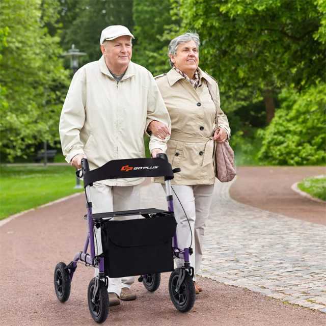 Foldable Rollator Walker with Seat & 9.5" All-Terrain Pneumatic Wheels, 350lbs Heavy Duty Height Adjustable Bariatric Rollator for Seniors/Adults