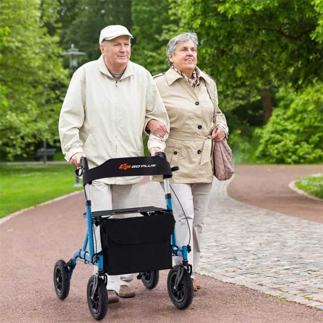 Foldable Rollator Walker with Seat & 9.5" All-Terrain Pneumatic Wheels, 350lbs Heavy Duty Height Adjustable Bariatric Rollator for Seniors/Adults