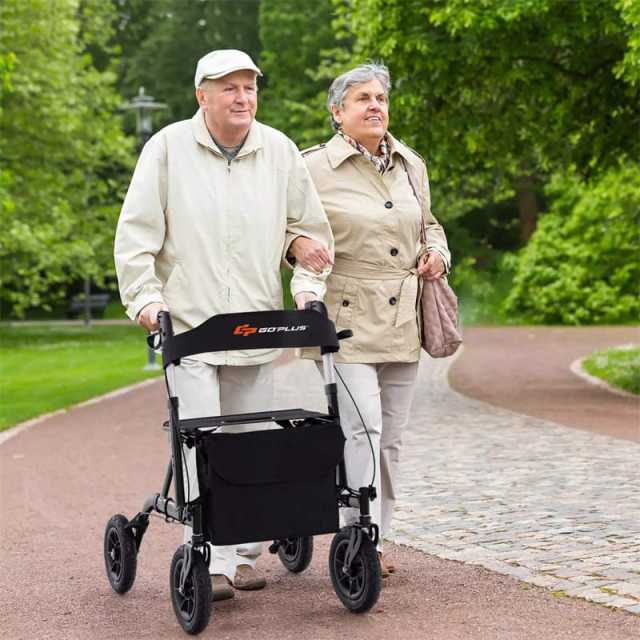 Foldable Rollator Walker with Seat & 9.5" All-Terrain Pneumatic Wheels, 350lbs Heavy Duty Height Adjustable Bariatric Rollator for Seniors/Adults