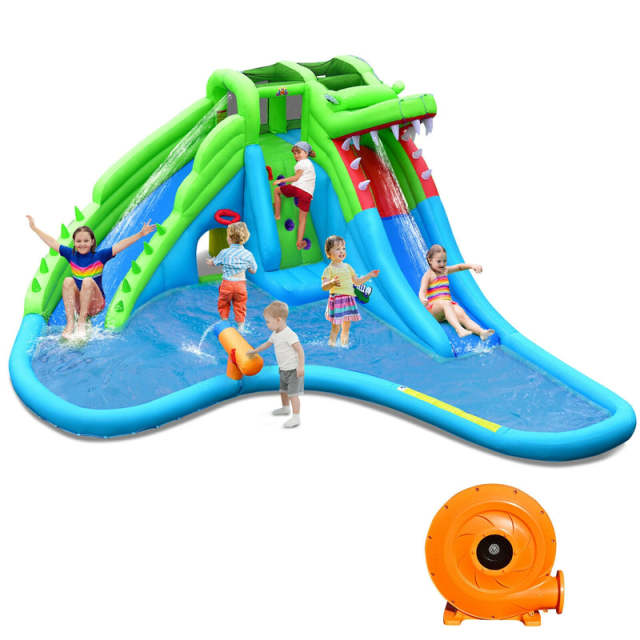 Inflatable Water Slide, Crocodile Mighty Bounce House Water Park with 780W Blower, Dual Slides & Splash Pool for Kids & Adults, Backyard Family Fun