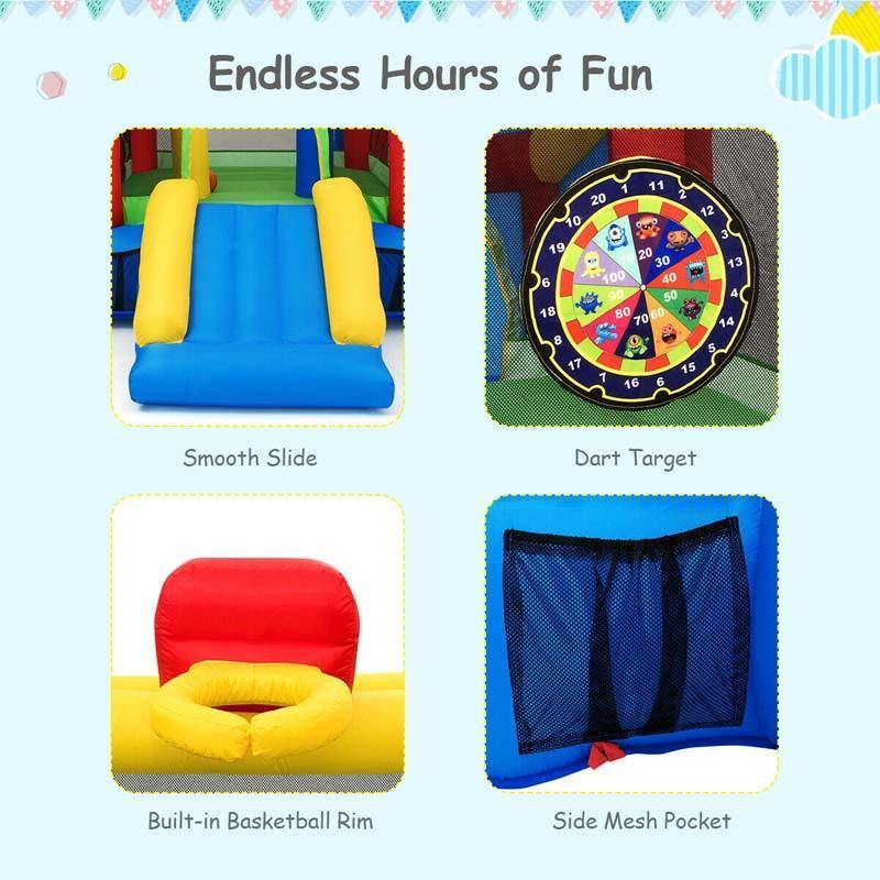 Inflatable Bounce House, 7-in-1 Kids Jumping Bouncy Castle with Slide, 480W Blower, 100 Ocean Balls, Basketball & Football Field for Backyard Fun