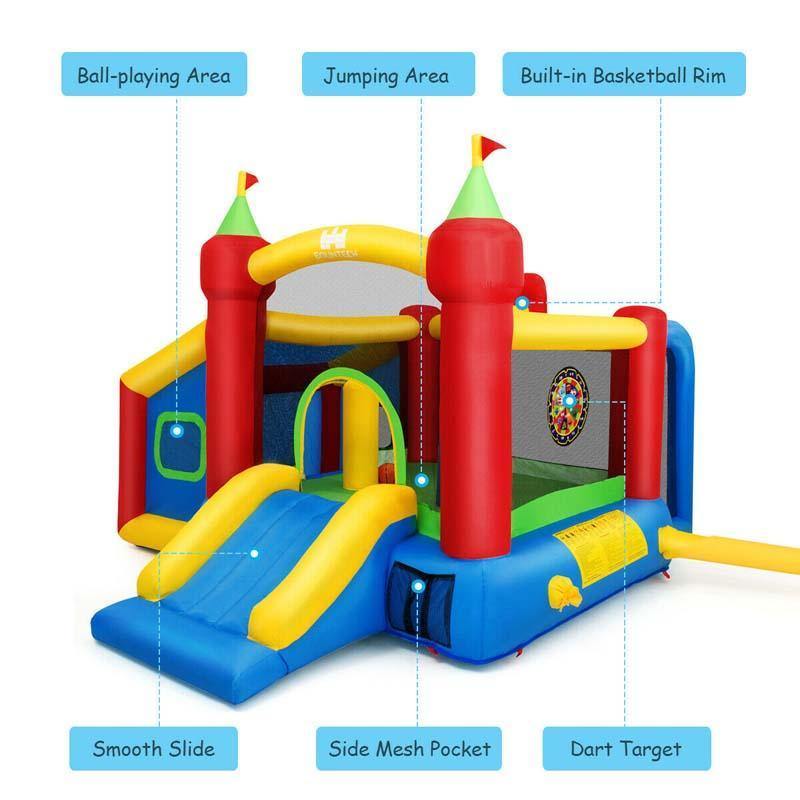 Inflatable Bounce House, 7-in-1 Kids Jumping Bouncy Castle with Slide, 480W Blower, 100 Ocean Balls, Basketball & Football Field for Backyard Fun