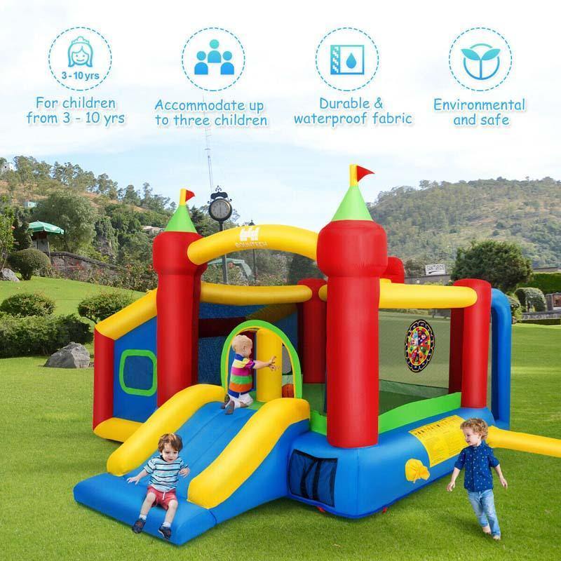 Inflatable Bounce House, 7-in-1 Kids Jumping Bouncy Castle with Slide, 480W Blower, 100 Ocean Balls, Basketball & Football Field for Backyard Fun