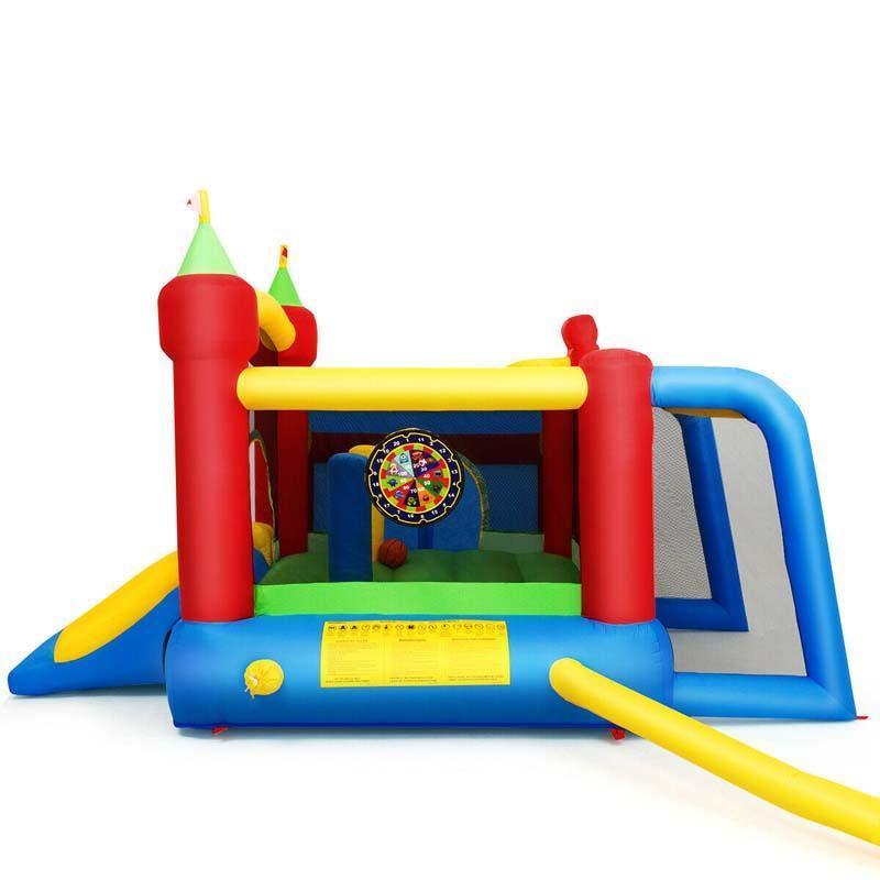Inflatable Bounce House, 7-in-1 Kids Jumping Bouncy Castle with Slide, 480W Blower, 100 Ocean Balls, Basketball & Football Field for Backyard Fun