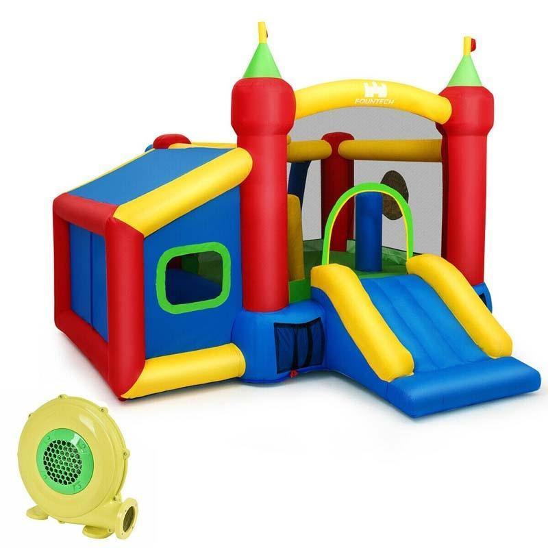 Inflatable Bounce House, 7-in-1 Kids Jumping Bouncy Castle with Slide, 480W Blower, 100 Ocean Balls, Basketball & Football Field for Backyard Fun