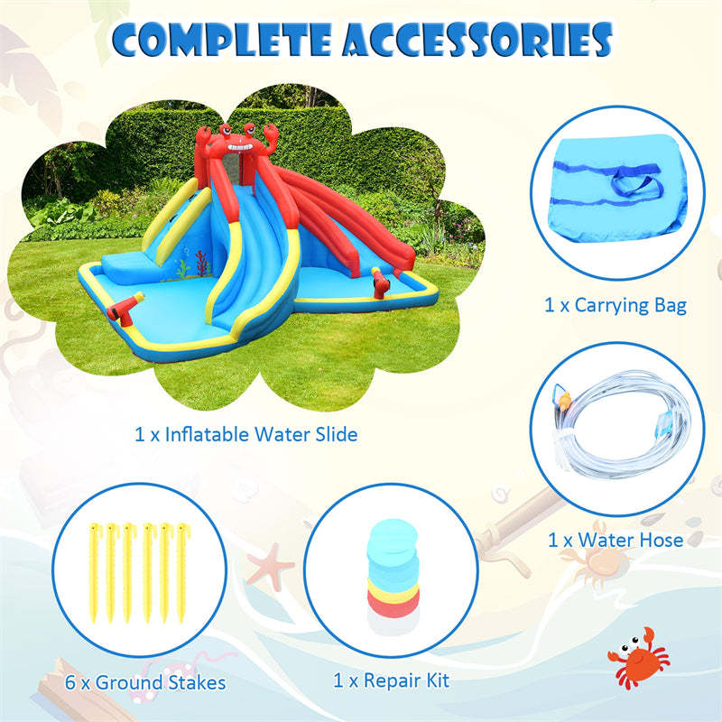 Inflatable Water Slide, Crab Theme Bounce House Water Park with Splash Pool & Dual Slide for Racing Fun, Climbing, Hide Seek Cave, Backyard Party
