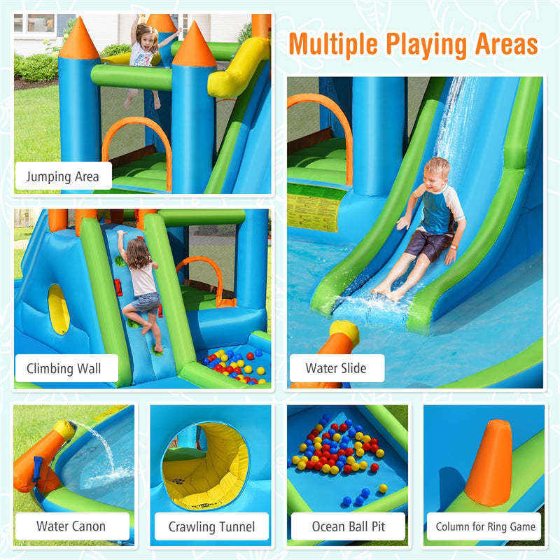 Inflatable Water Slide, 8-in-1 Kids Bounce House Water Park with Slide, Splash Pool, Ball Pit, Hide & Seek Cave for Indoor/Outdoor Backyard Party Fun
