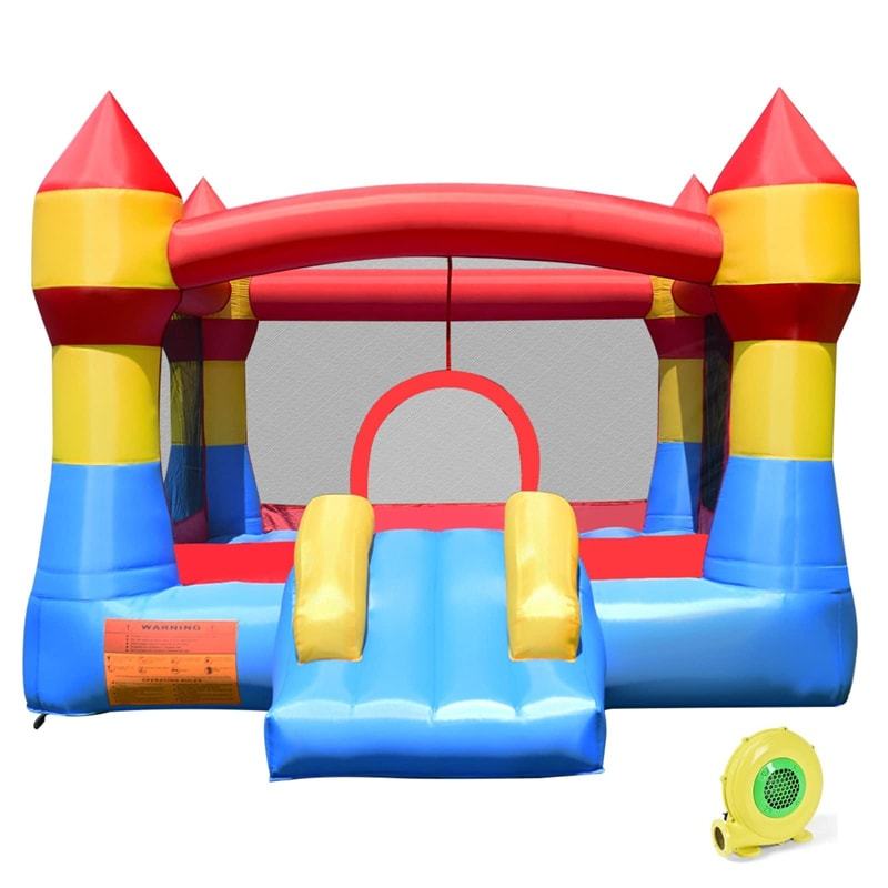 Inflatable Bounce House Kids Bouncy Castle Jumper Moonwalk Playhouse with Slide, 480W Blower, Large Jumping Area, Mesh Walls for Indoor Outdoor Party