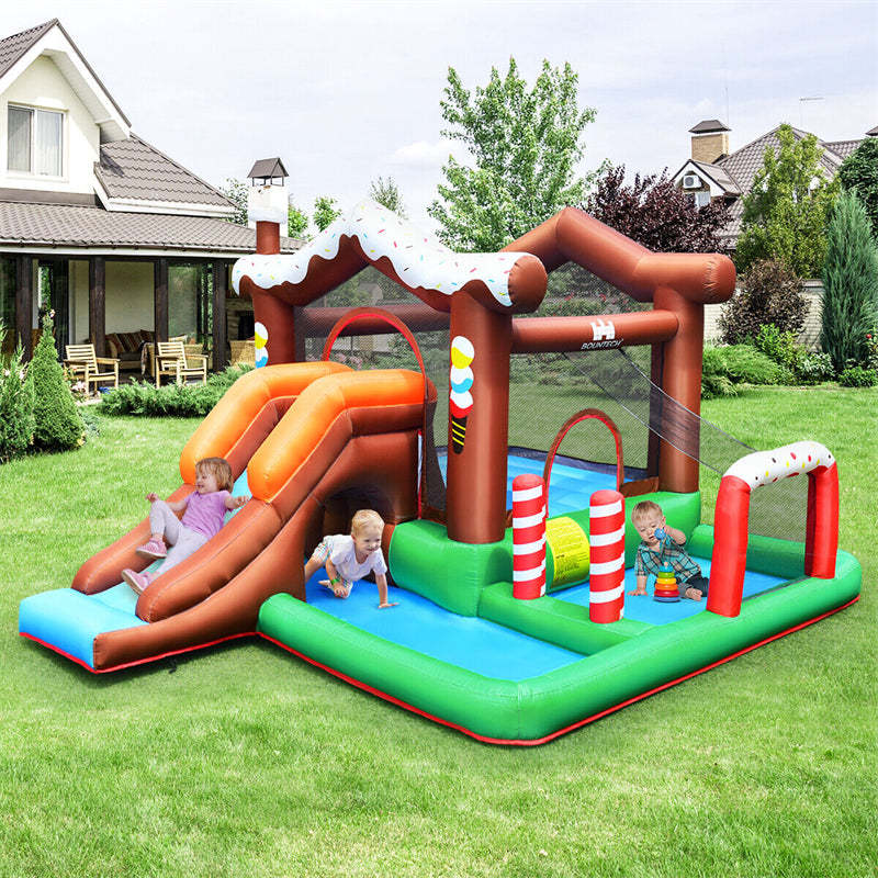 Inflatable Water Slide Kids Giant Bouncy Castle Water Park with Long Slide, Jumping & Play Areas, 480W Air Blower for Outdoor Indoor Fun