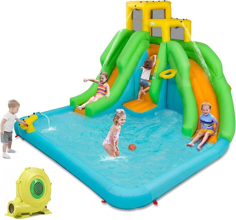 Inflatable Water Slide, 6 in 1 Giant Bounce House Water Park with Dual Racing Slides, 480W Blower & Splash Pool for Kids/Adults Backyard Party Gifts