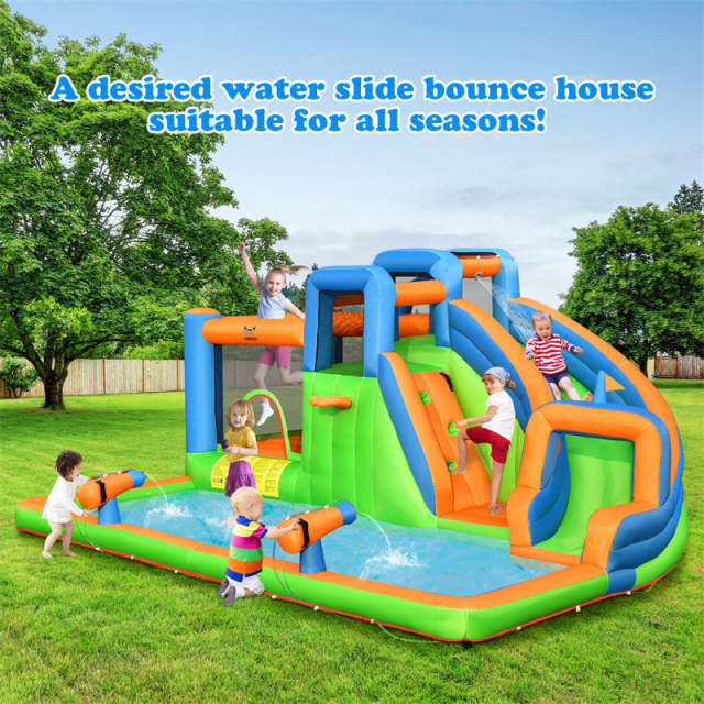 Inflatable Water Slide Park, 7-in-1 Mega Bounce House Water Slide Combo with 735W Blower, Splash Pool, Climbing Walls for Kids, Backyard Family Fun