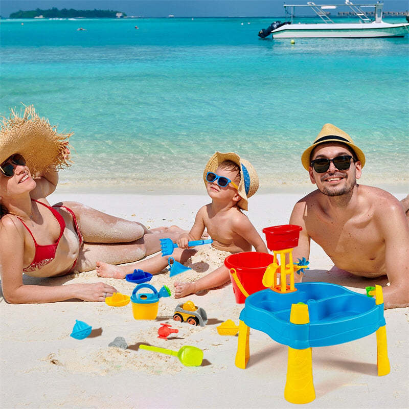 Kids Sand & Water Table Playset with Umbrella and 18 Pcs Accessories