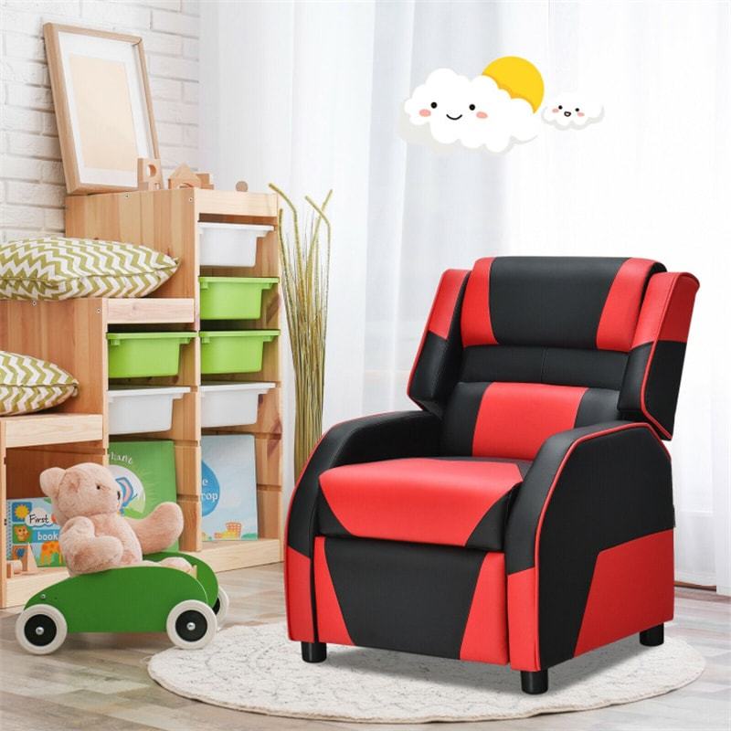 Kids Recliner Chair, Adjustable Gaming Recliner with Footrest, Headrest & Lumbar Support, Ergonomic PU Leather Lounge Sofa for Boys & Girls