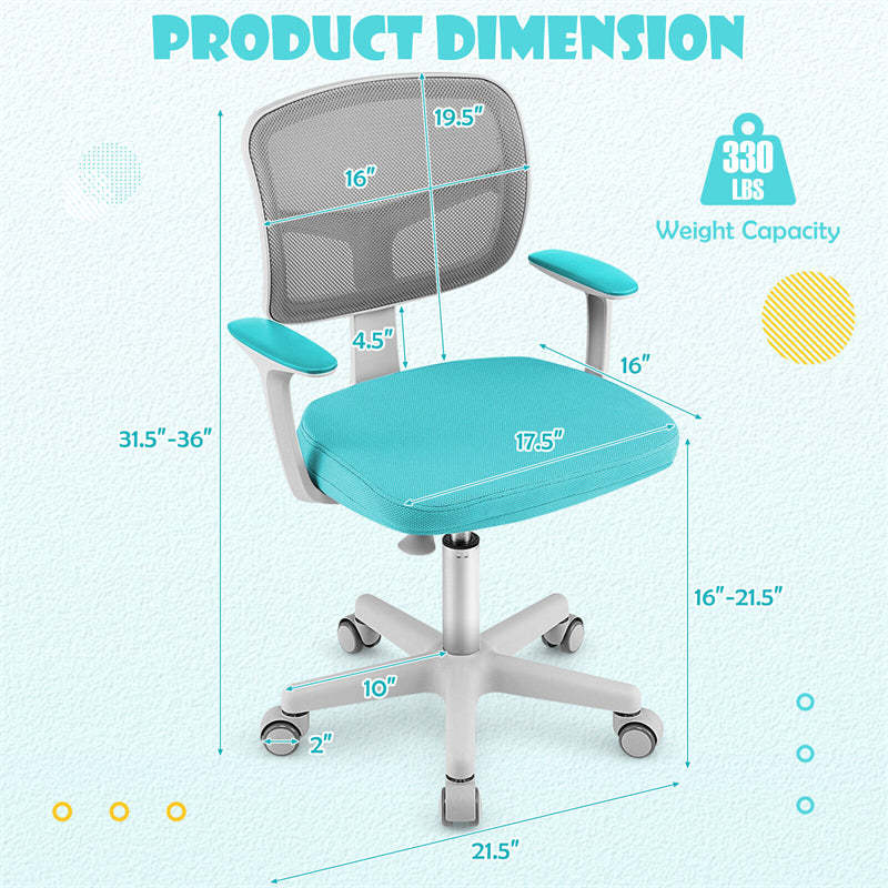 Kids Desk Chair, Adjustable Children Study Computer Chair with Wheels, Arms & Lumbar Support, Swivel Mesh Office Chair for Boys Girls Aged 4-13