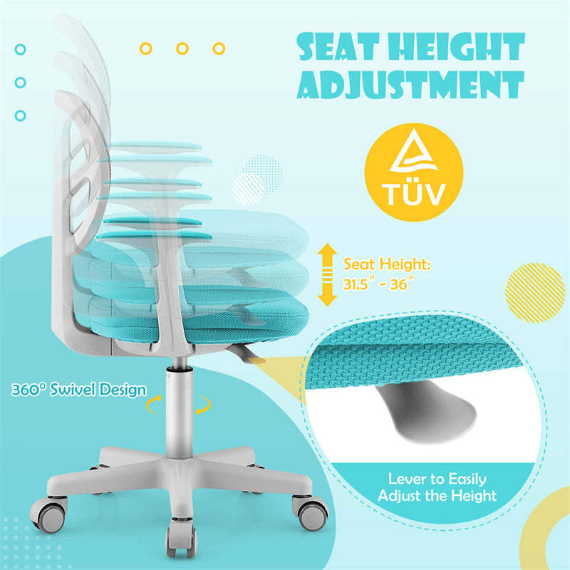Kids Desk Chair, Adjustable Children Study Computer Chair with Wheels, Arms & Lumbar Support, Swivel Mesh Office Chair for Boys Girls Aged 4-13