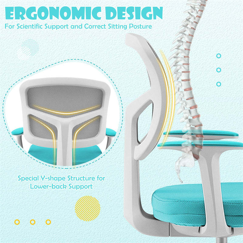 Kids Desk Chair, Adjustable Children Study Computer Chair with Wheels, Arms & Lumbar Support, Swivel Mesh Office Chair for Boys Girls Aged 4-13
