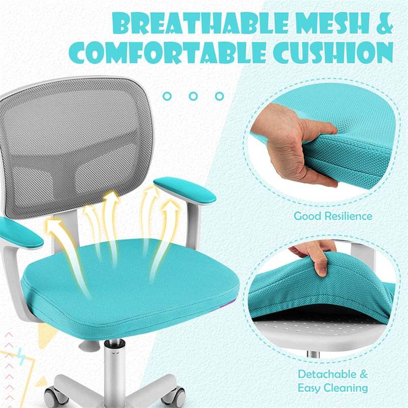 Kids Desk Chair, Adjustable Children Study Computer Chair with Wheels, Arms & Lumbar Support, Swivel Mesh Office Chair for Boys Girls Aged 4-13