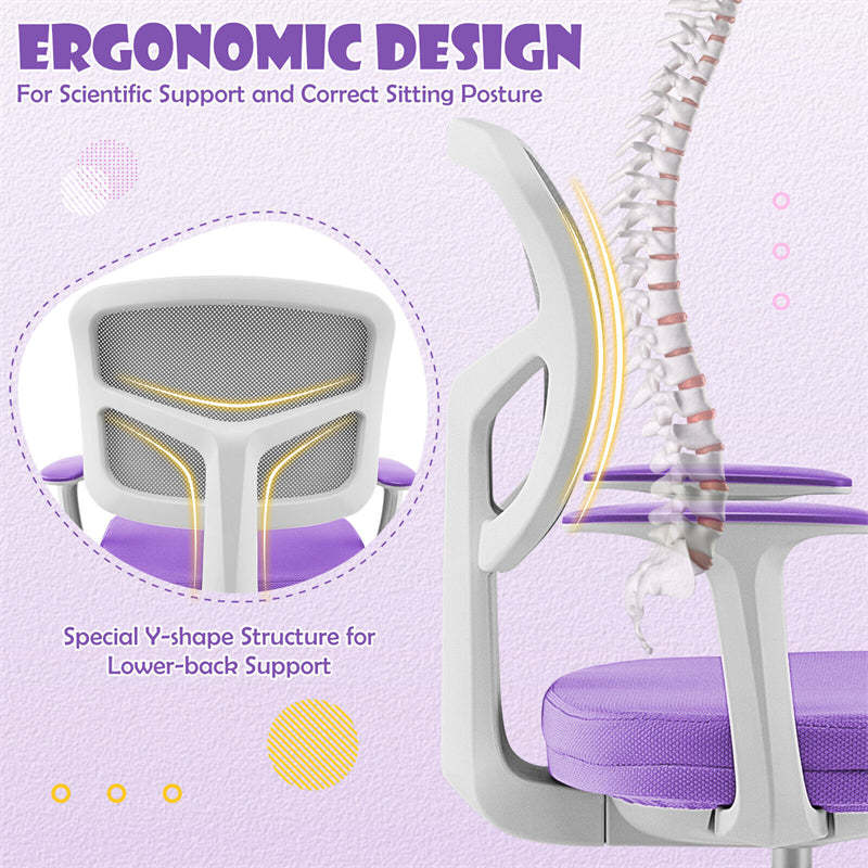 Kids Desk Chair, Adjustable Children Study Computer Chair with Wheels, Arms & Lumbar Support, Swivel Mesh Office Chair for Boys Girls Aged 4-13