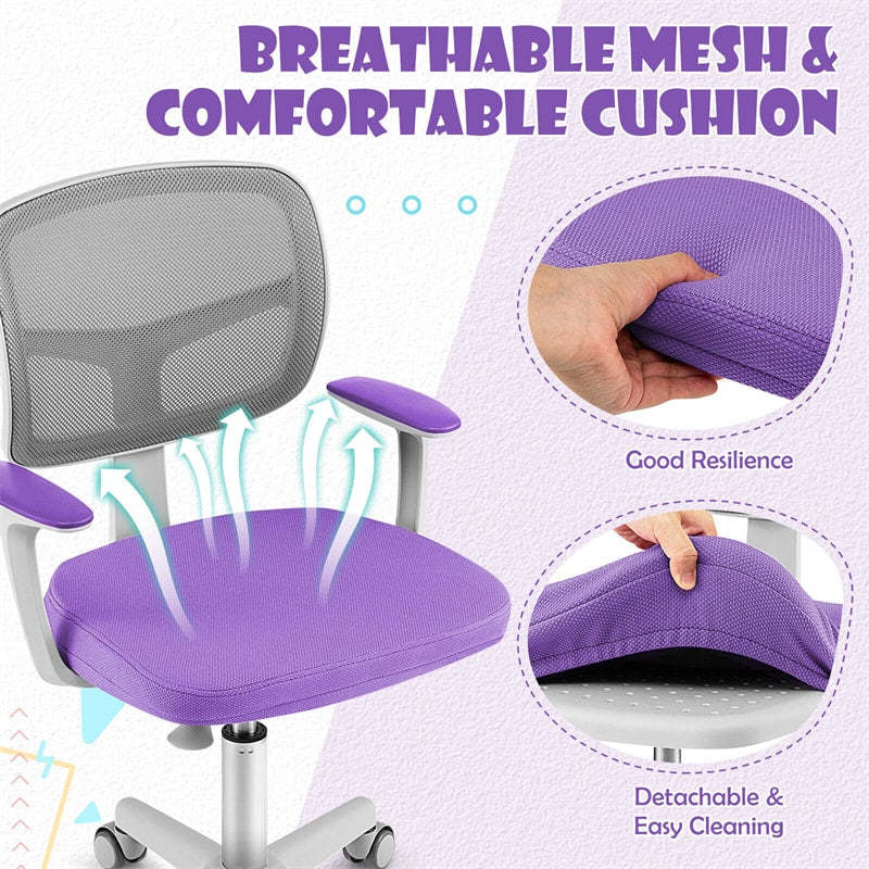Kids Desk Chair, Adjustable Children Study Computer Chair with Wheels, Arms & Lumbar Support, Swivel Mesh Office Chair for Boys Girls Aged 4-13