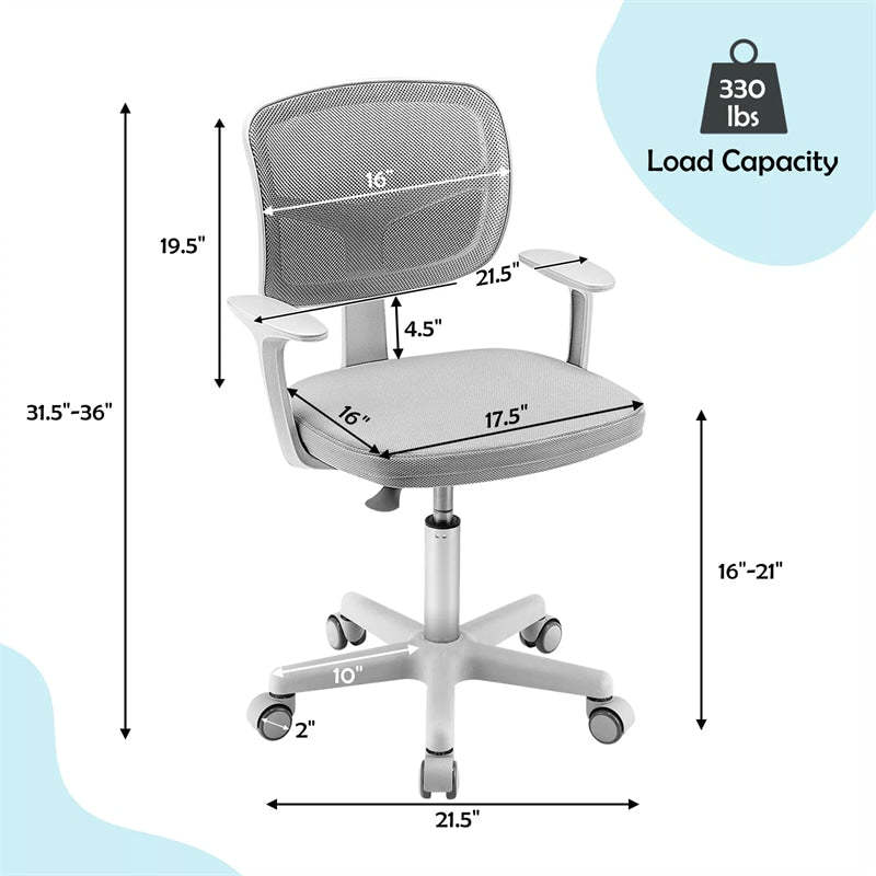 Kids Desk Chair, Adjustable Children Study Computer Chair with Wheels, Arms & Lumbar Support, Swivel Mesh Office Chair for Boys Girls Aged 4-13