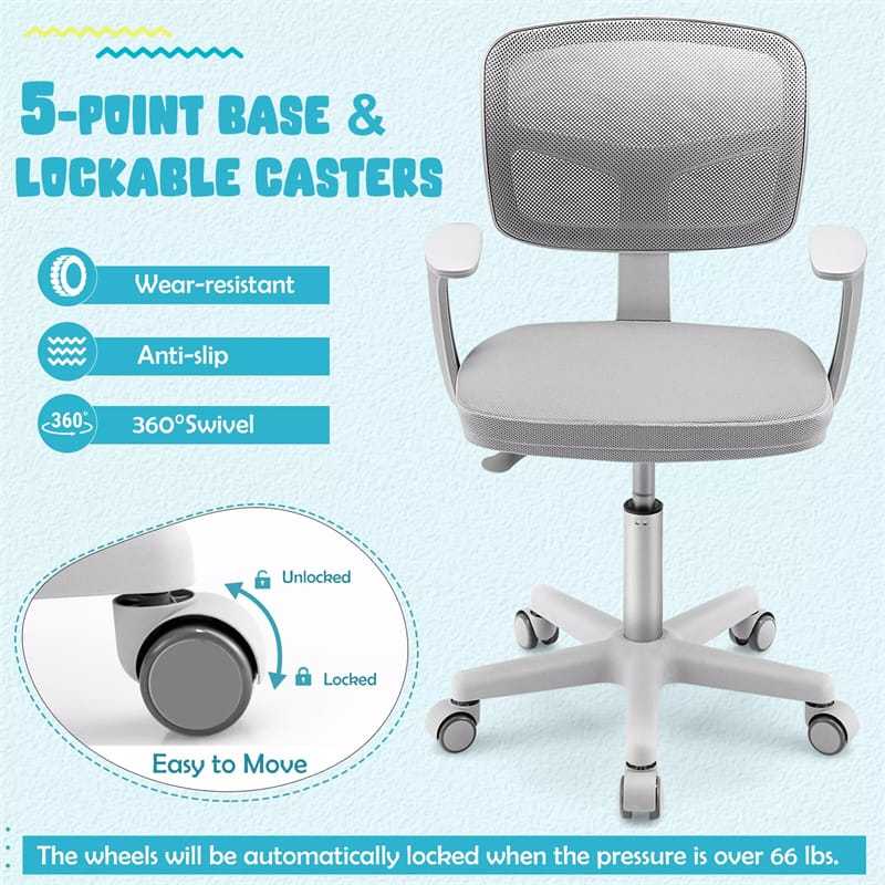 Kids Desk Chair, Adjustable Children Study Computer Chair with Wheels, Arms & Lumbar Support, Swivel Mesh Office Chair for Boys Girls Aged 4-13