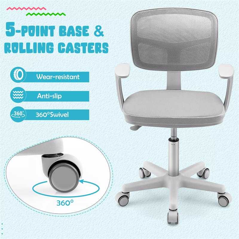 Kids Desk Chair, Adjustable Children Study Computer Chair with Wheels, Arms & Lumbar Support, Swivel Mesh Office Chair for Boys Girls Aged 4-13