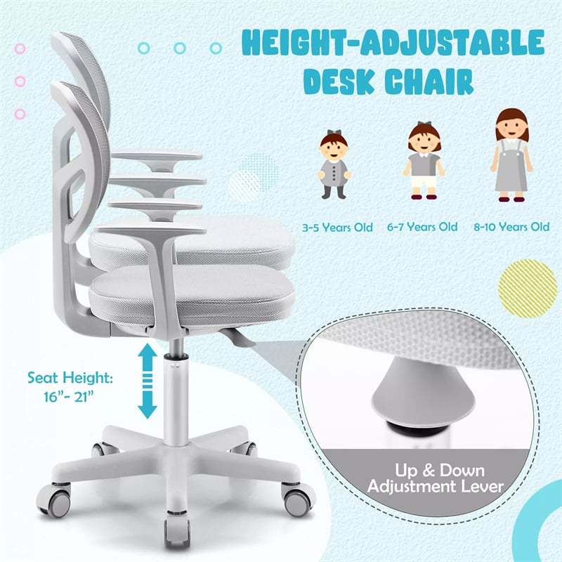 Kids Desk Chair, Adjustable Children Study Computer Chair with Wheels, Arms & Lumbar Support, Swivel Mesh Office Chair for Boys Girls Aged 4-13
