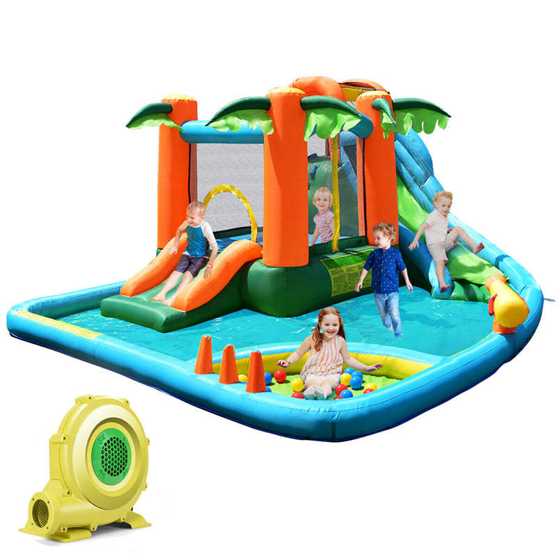 Inflatable Water Slide Tropical Castle Bounce House Mega Water Park Splash Pool Ball Pit Combo with Jumping Area & 735W Blower