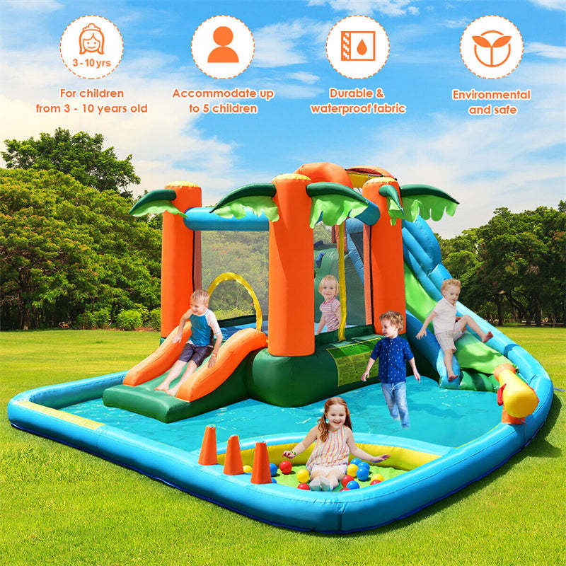 Inflatable Water Slide Tropical Castle Bounce House Mega Water Park Splash Pool Ball Pit Combo with Jumping Area & 735W Blower