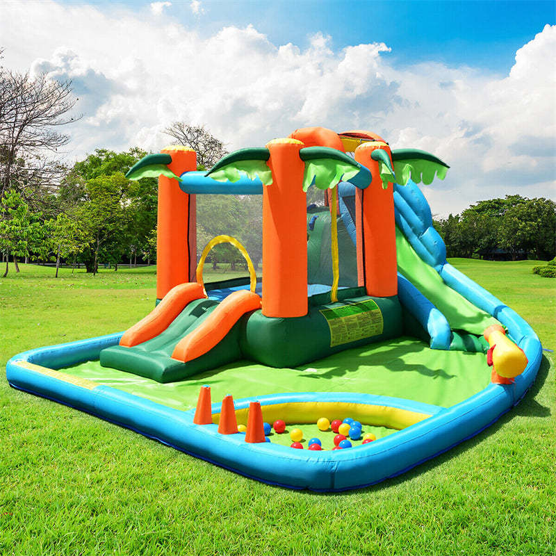 Inflatable Water Slide Tropical Castle Bounce House Mega Water Park Splash Pool Ball Pit Combo with Jumping Area & 735W Blower