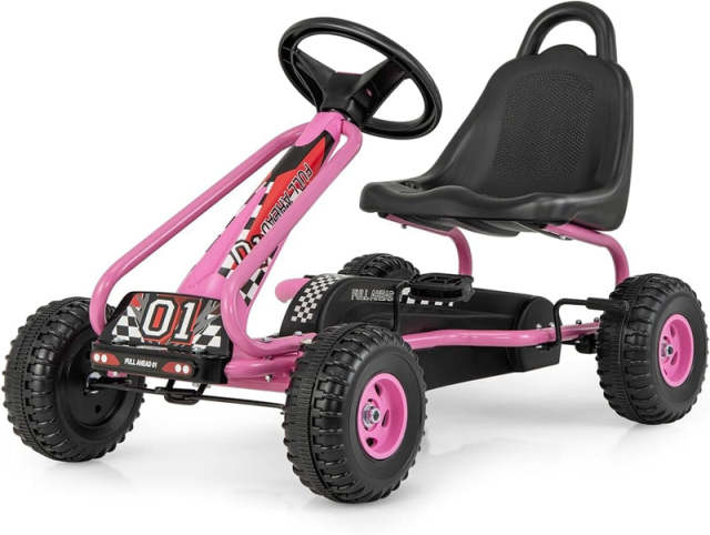 Kids Pedal Go Kart, 4-Wheel Pedal Powered Go Kart with Adjustable Seat, Steering Wheel & Safety Handbrake, Off-Road Go Kart for Boys & Girls