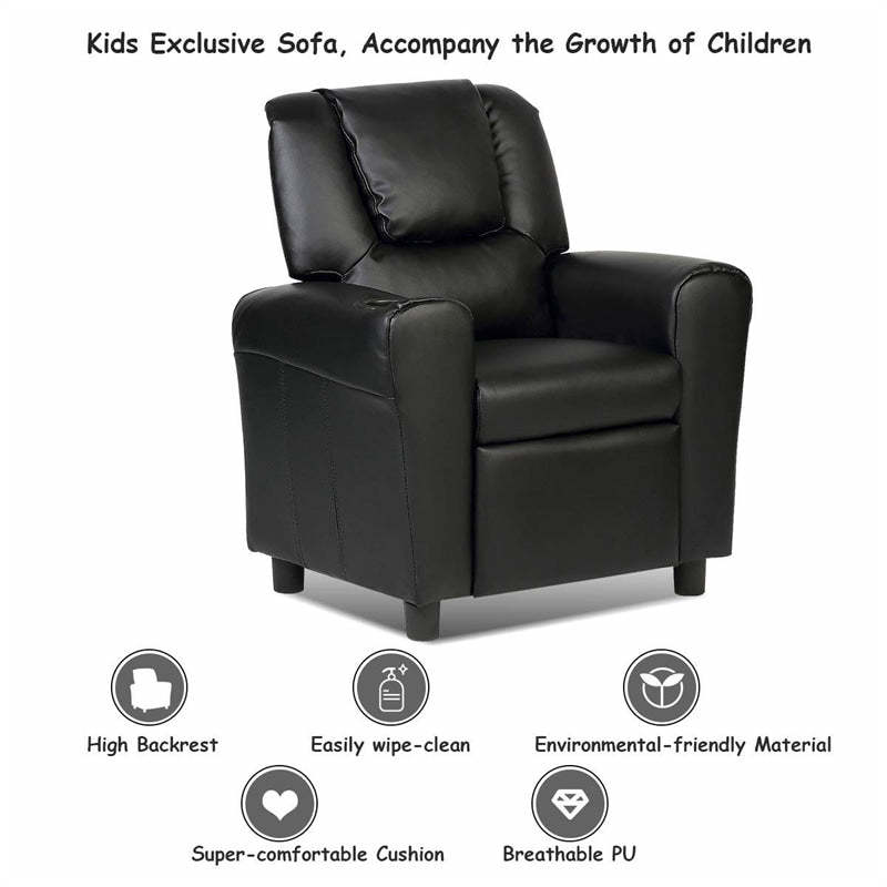 Kids Recliner Chair with Cup Holder, Armrests & Retractable Footrest, Children PU Leather Sofa Armchair, Ergonomic Toddler Room Furniture