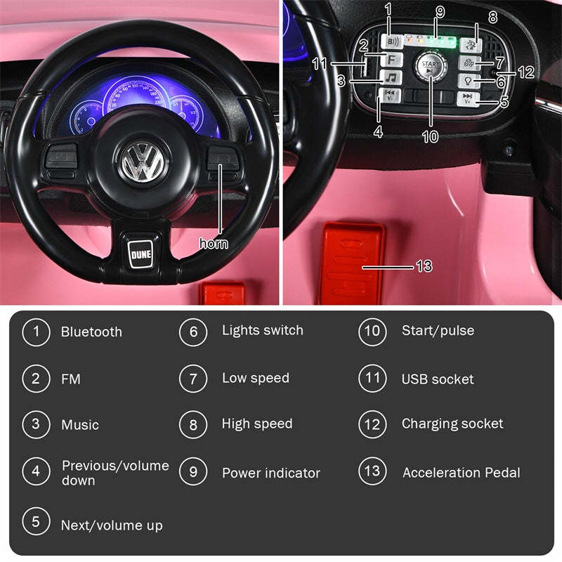 12V Kids Ride-On Car, Licensed Volkswagen Beetle Battery-Powered Electric Vehicle with Remote Control, Lights, Music, Gift for Boys & Girls