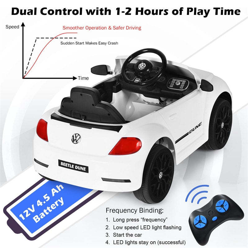 12V Kids Ride-On Car, Licensed Volkswagen Beetle Battery-Powered Electric Vehicle with Remote Control, Lights, Music, Gift for Boys & Girls