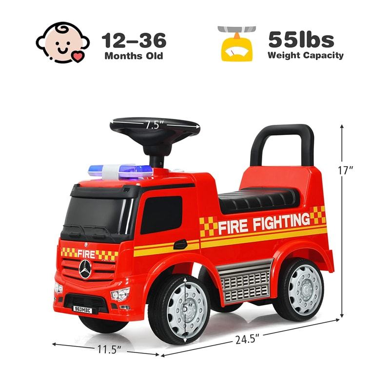 Kids Ride On Fire Truck Licensed Mercedes Benz Ride On Push Car with Under-Seat Storage & Steering Wheel, Foot-to-Floor Riding Toy for Boys Girls 1-3