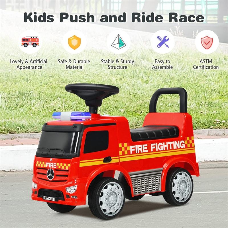 Kids Ride On Fire Truck Licensed Mercedes Benz Ride On Push Car with Under-Seat Storage & Steering Wheel, Foot-to-Floor Riding Toy for Boys Girls 1-3