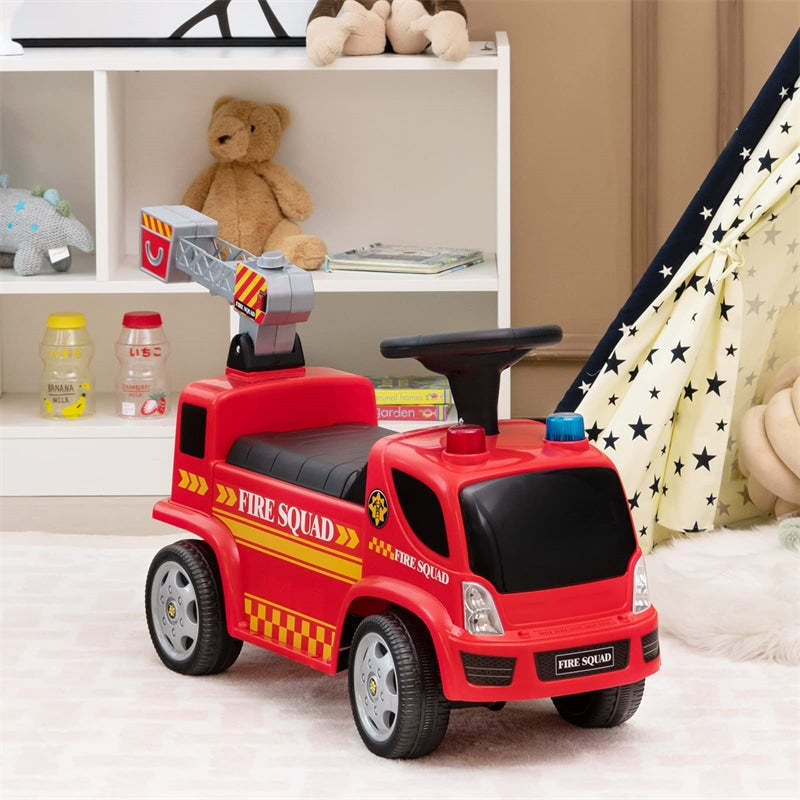 Kids Ride On Fire Truck Foot-to-Floor Sliding Push Car for Toddlers with Ladder Bubble Maker Headlights Music