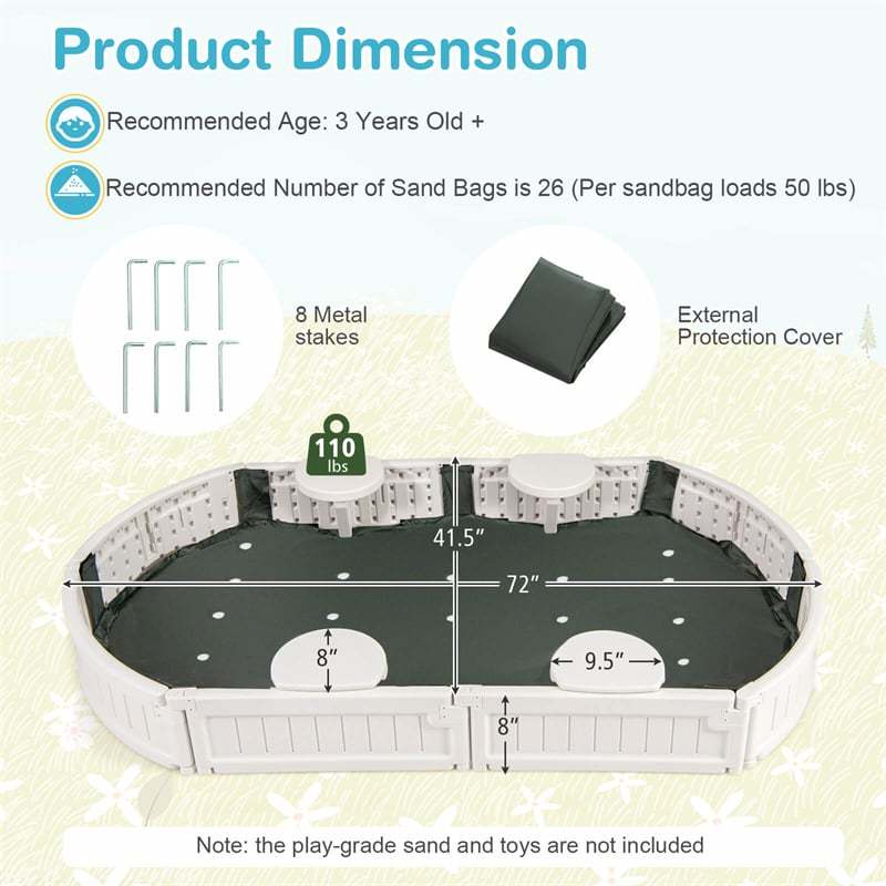 Kids Outdoor Sandbox 6FT Oval Sand Pit with Cover, 4 Built-in Corner Seats & Bottom Liner