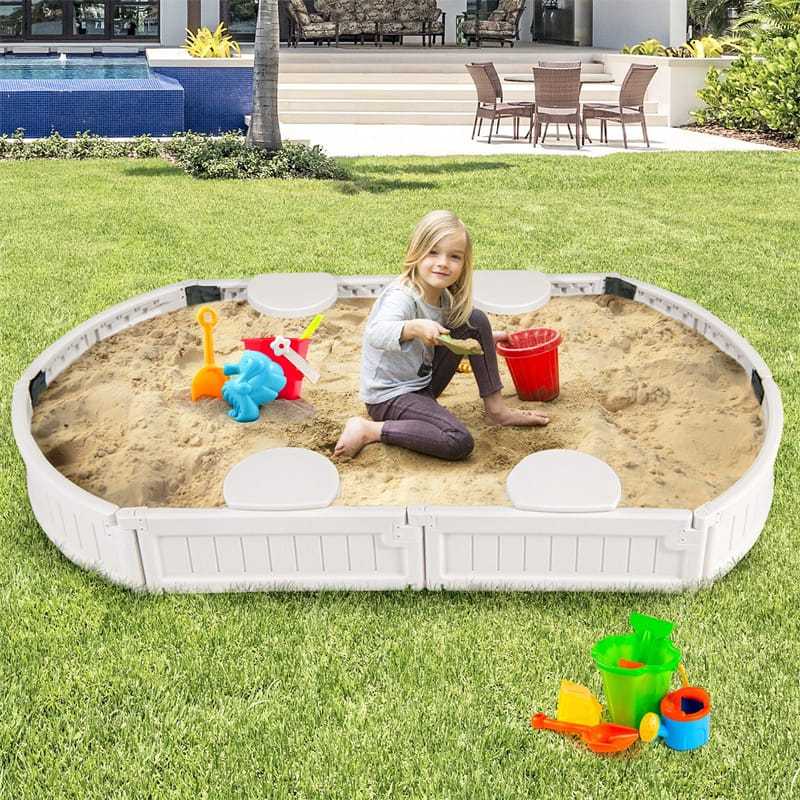 Kids Outdoor Sandbox 6FT Oval Sand Pit with Cover, 4 Built-in Corner Seats & Bottom Liner