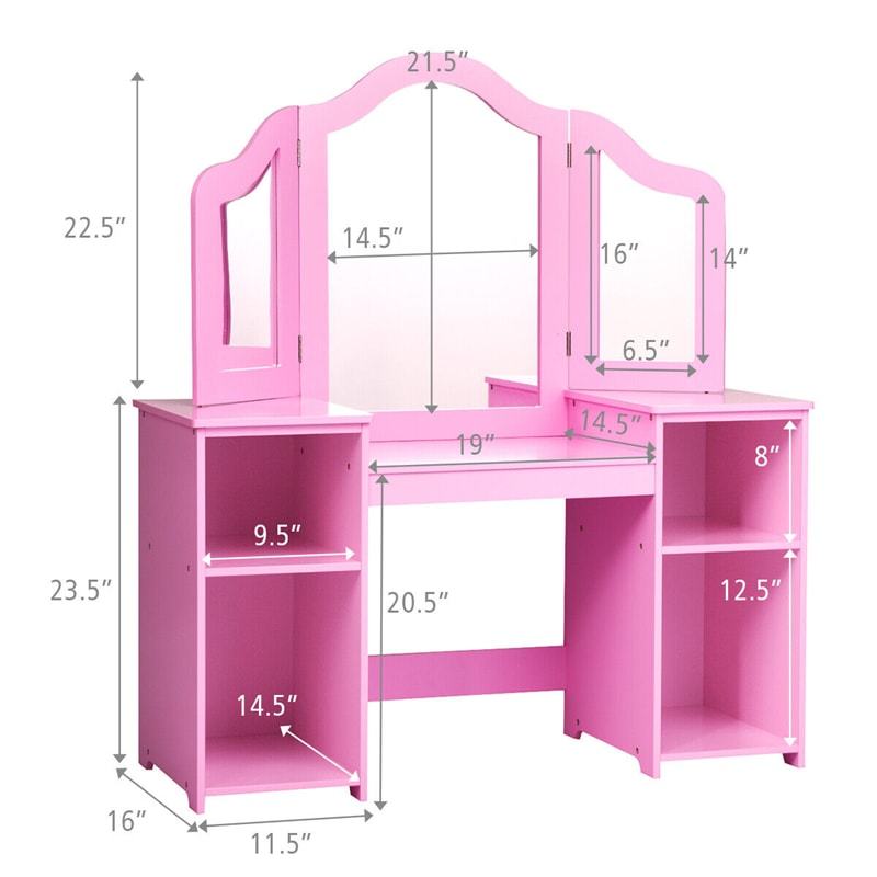 Kids Makeup Vanity Table, 2-in-1 Princess Dressing Table with Tri-folding Detachable Mirror & Storage Shelves, Pretend Play Girls Study Desk