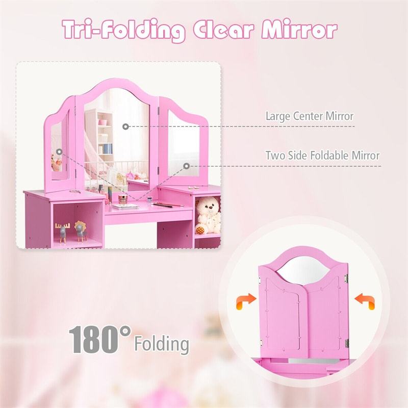 Kids Makeup Vanity Table, 2-in-1 Princess Dressing Table with Tri-folding Detachable Mirror & Storage Shelves, Pretend Play Girls Study Desk