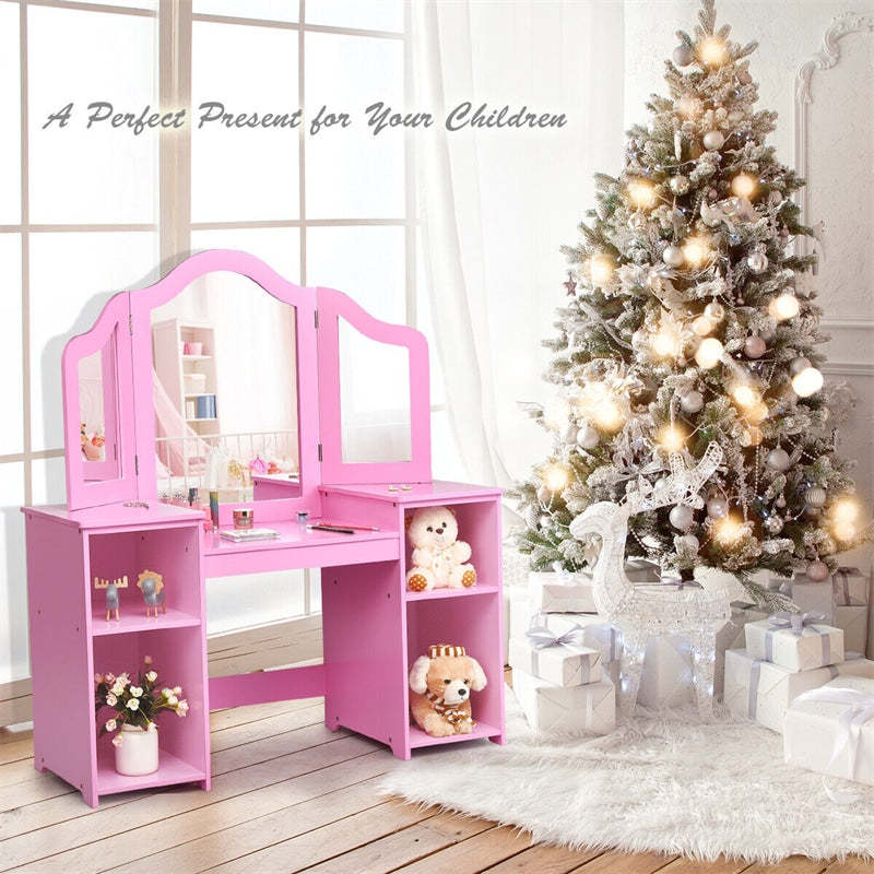 Kids Makeup Vanity Table, 2-in-1 Princess Dressing Table with Tri-folding Detachable Mirror & Storage Shelves, Pretend Play Girls Study Desk